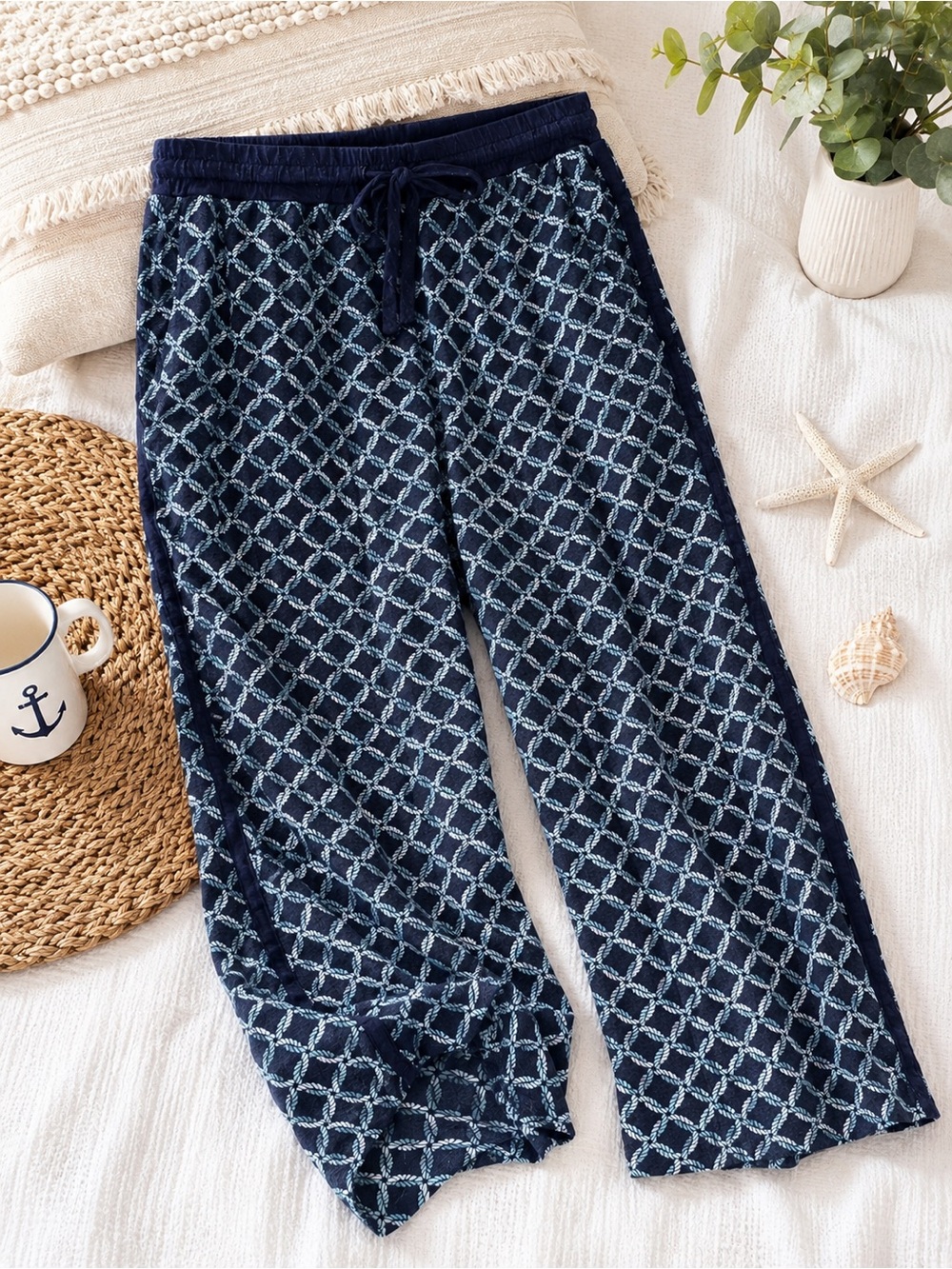 Nautica Rope Print Lounge Pants Cropped Wide Leg Pajama Pants Navy Blue Small